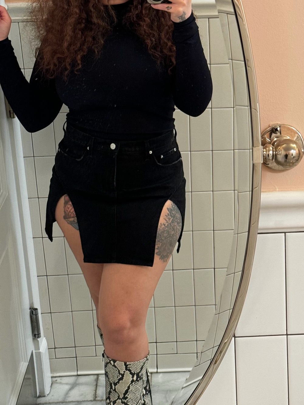 GRLFRND Black Denim High-Rise Mini Skirt